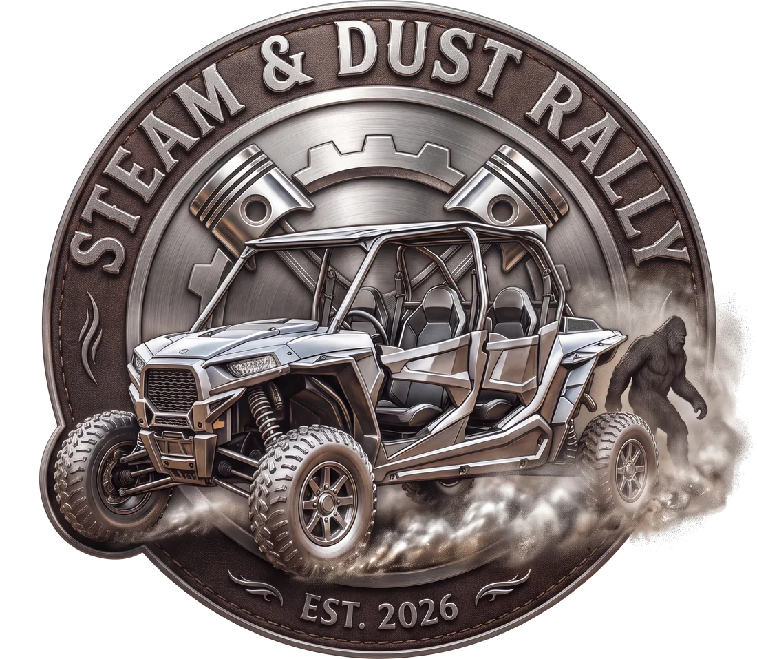 Steam & Dust Rally badge: a four-seat side-by-side kicking up dust in front of crossed pistons and a gear